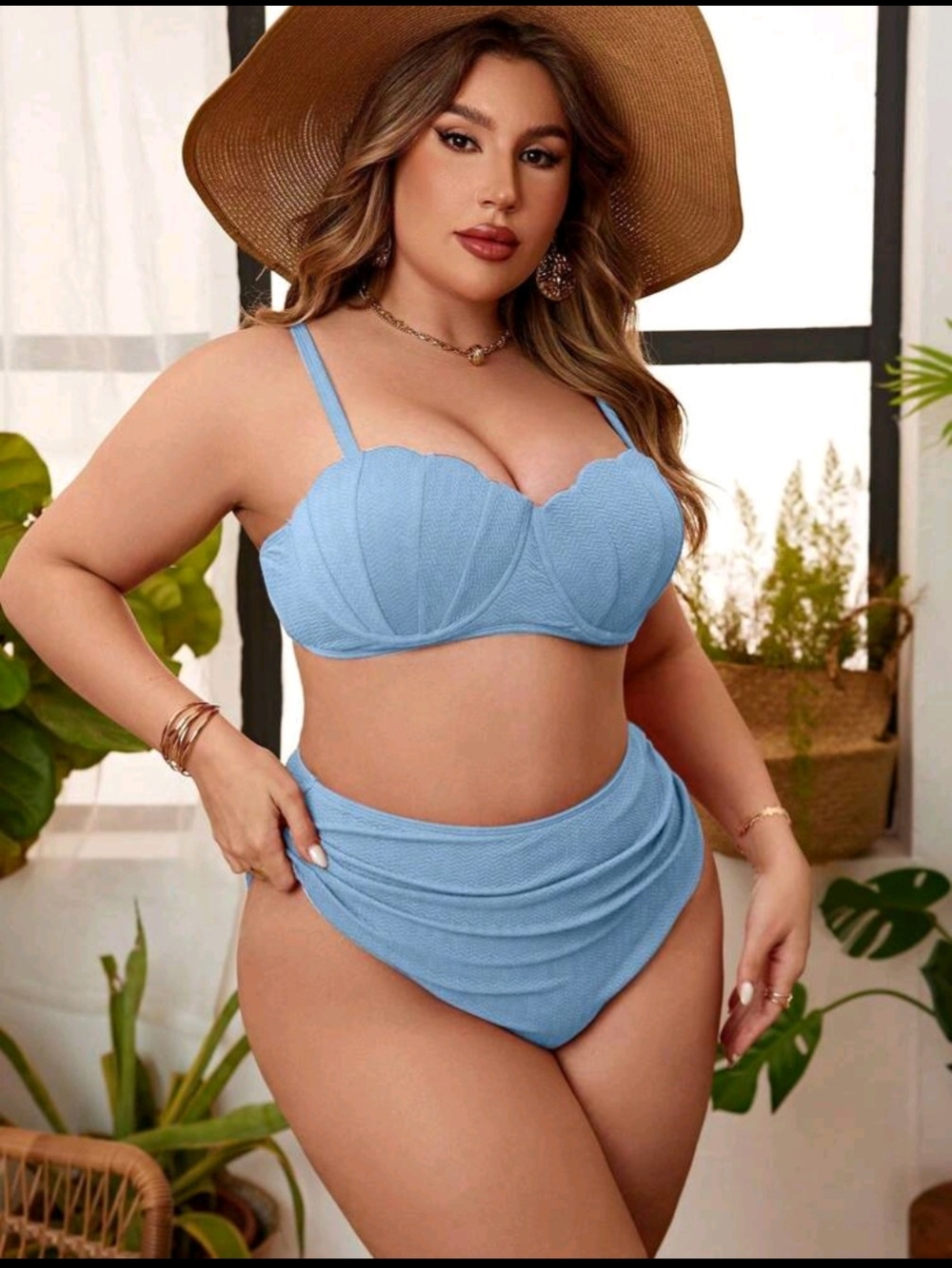 Plus Size Light Blue High-Waist Bikini Set - Womens Swim